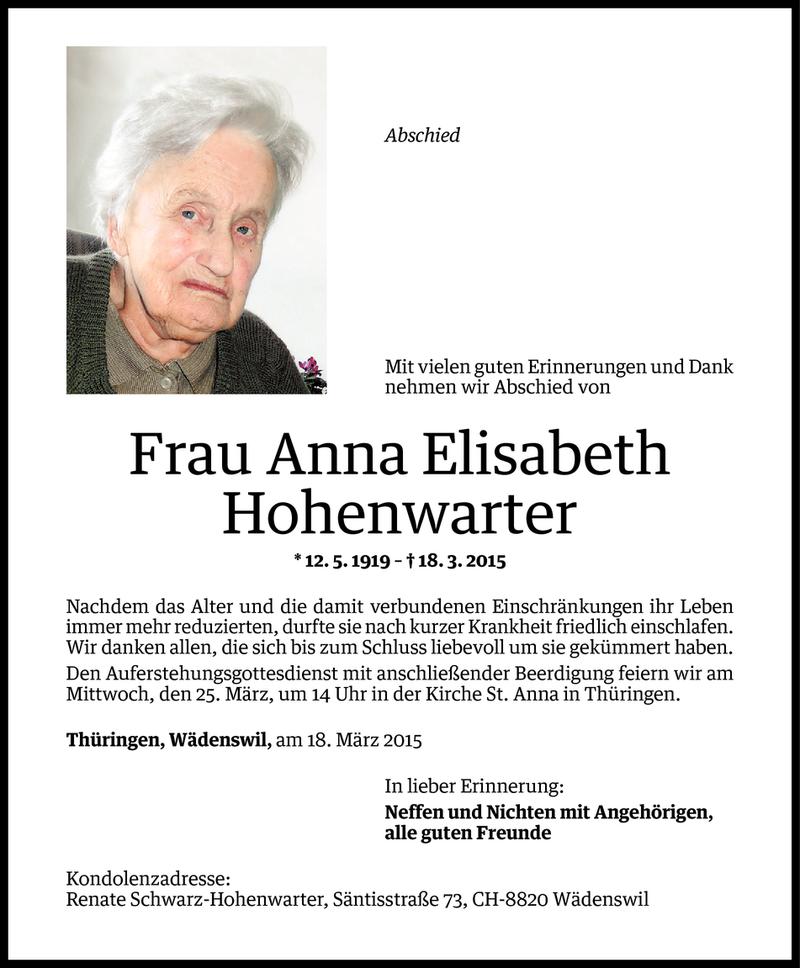  Todesanzeige für Anna Elisabeth Hohenwarter vom 22.03.2015 aus Vorarlberger Nachrichten