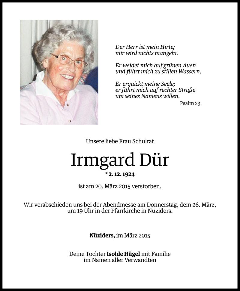  Todesanzeige für Irmgard Dür vom 22.03.2015 aus Vorarlberger Nachrichten