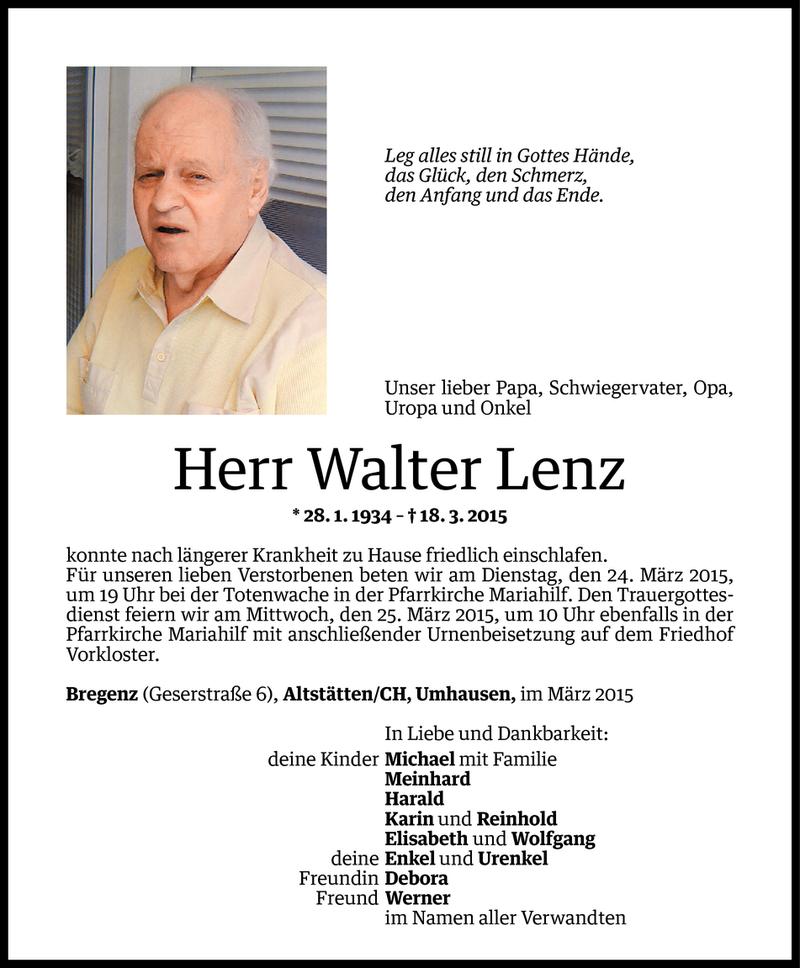  Todesanzeige für Walter Lenz vom 22.03.2015 aus Vorarlberger Nachrichten