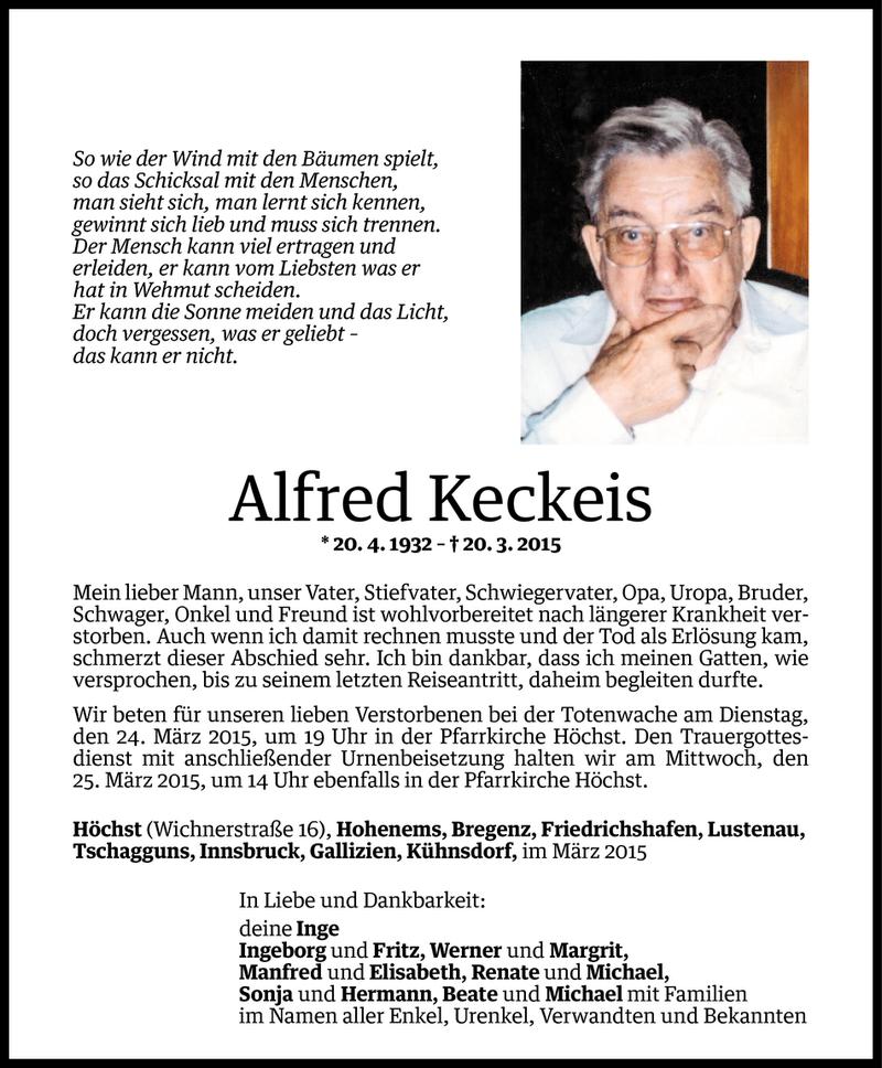  Todesanzeige für Alfred Keckeis vom 22.03.2015 aus Vorarlberger Nachrichten