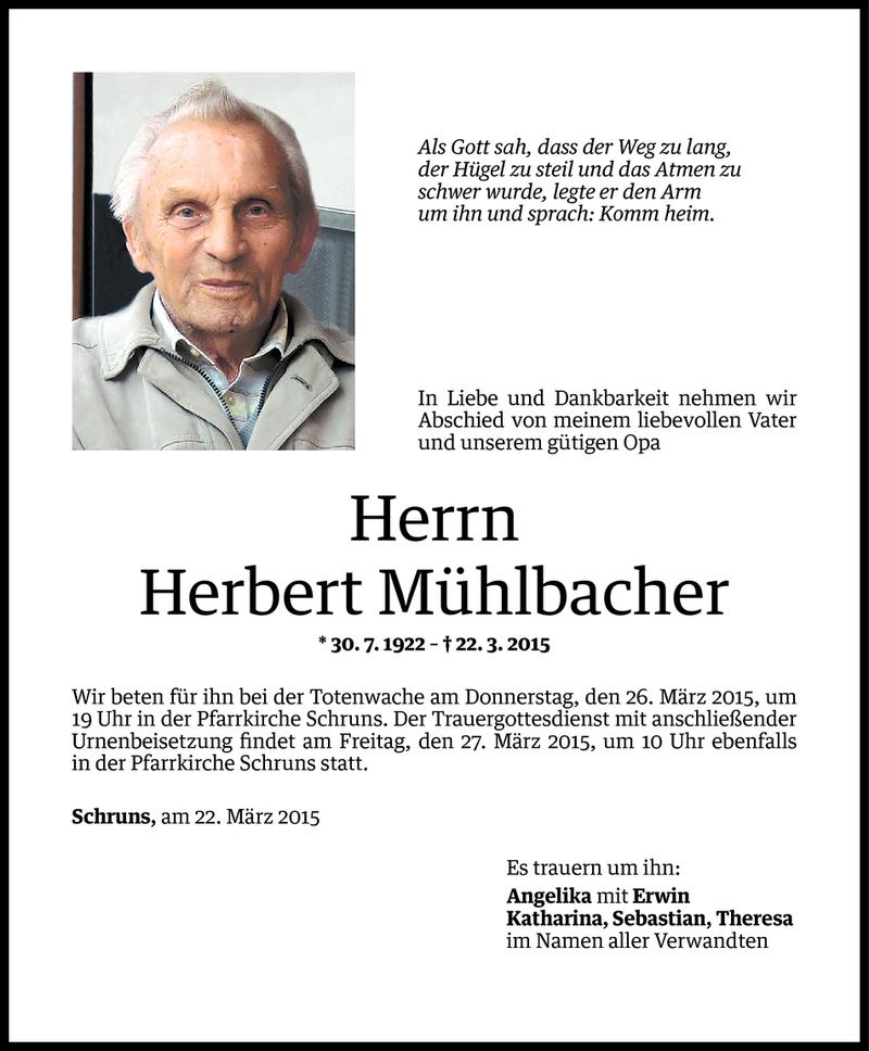  Todesanzeige für Herbert Mühlbacher vom 23.03.2015 aus Vorarlberger Nachrichten