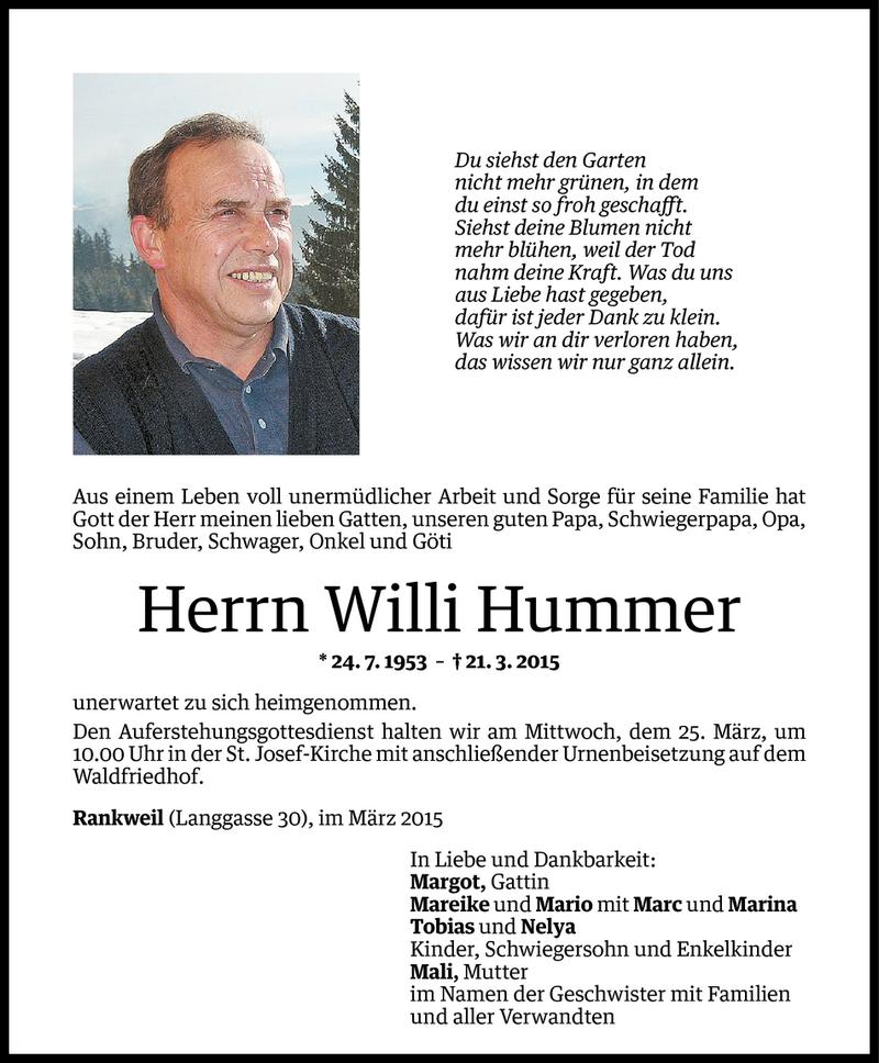  Todesanzeige für Willi Hummer vom 24.03.2015 aus Vorarlberger Nachrichten