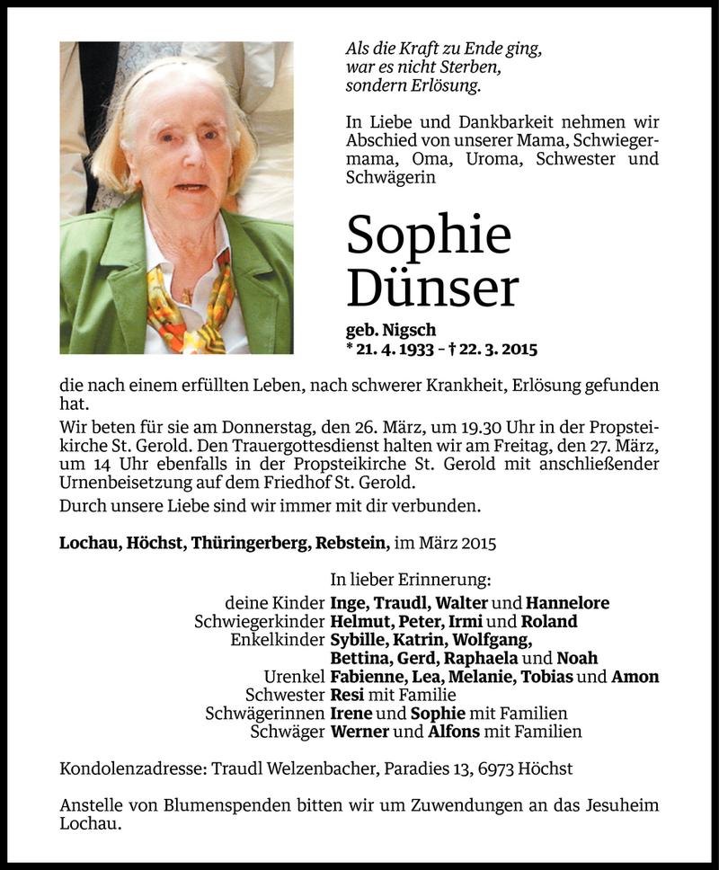  Todesanzeige für Sophie Dünser vom 23.03.2015 aus Vorarlberger Nachrichten