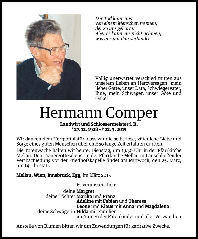  Todesanzeige für Hermann Comper vom 23.03.2015 aus Vorarlberger Nachrichten