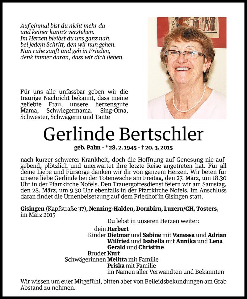  Todesanzeige für Gerlinde Bertschler vom 24.03.2015 aus Vorarlberger Nachrichten