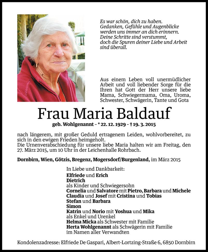  Todesanzeige für Maria Baldauf vom 24.03.2015 aus Vorarlberger Nachrichten