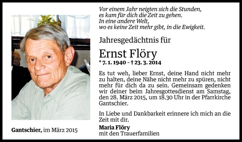  Todesanzeige für Ernst Flöry vom 25.03.2015 aus Vorarlberger Nachrichten