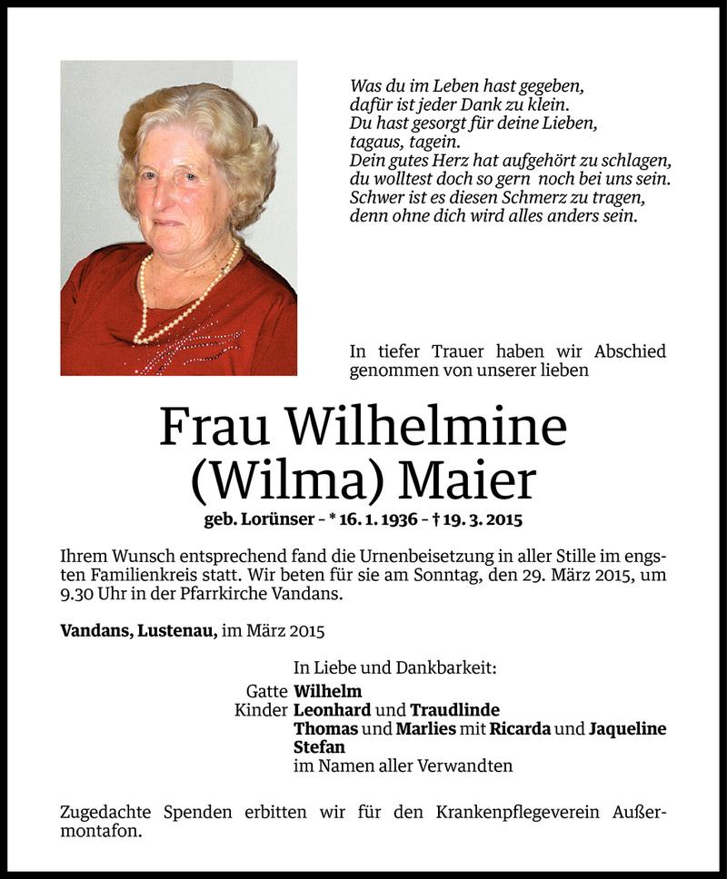  Todesanzeige für Wilhelmine Maier vom 26.03.2015 aus Vorarlberger Nachrichten