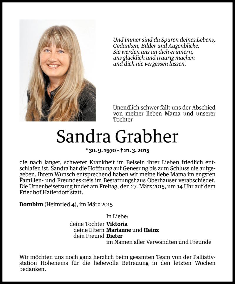  Todesanzeige für Sandra Grabher vom 25.03.2015 aus Vorarlberger Nachrichten