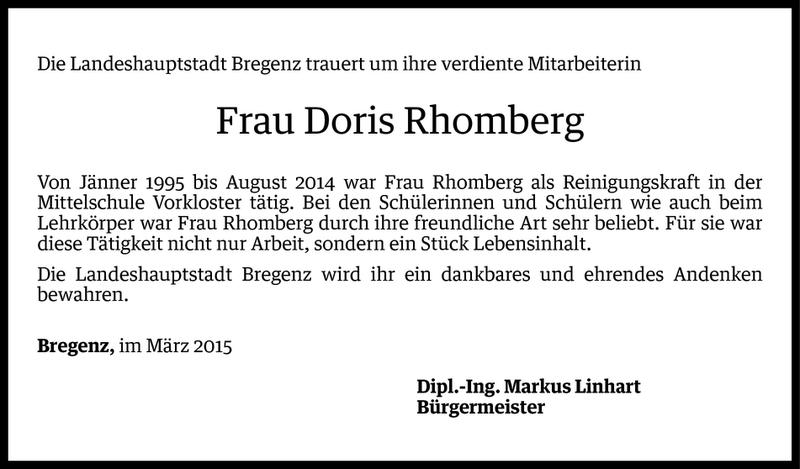  Todesanzeige für Doris Rhomberg vom 25.03.2015 aus Vorarlberger Nachrichten