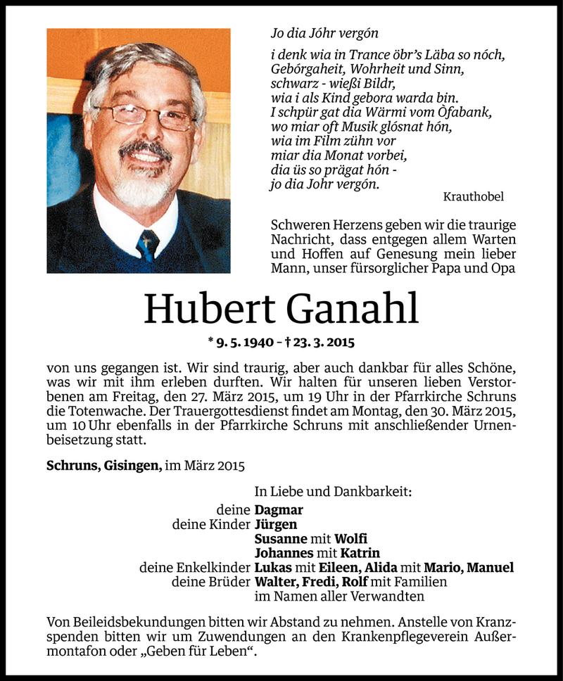  Todesanzeige für Hubert Ganahl vom 25.03.2015 aus Vorarlberger Nachrichten