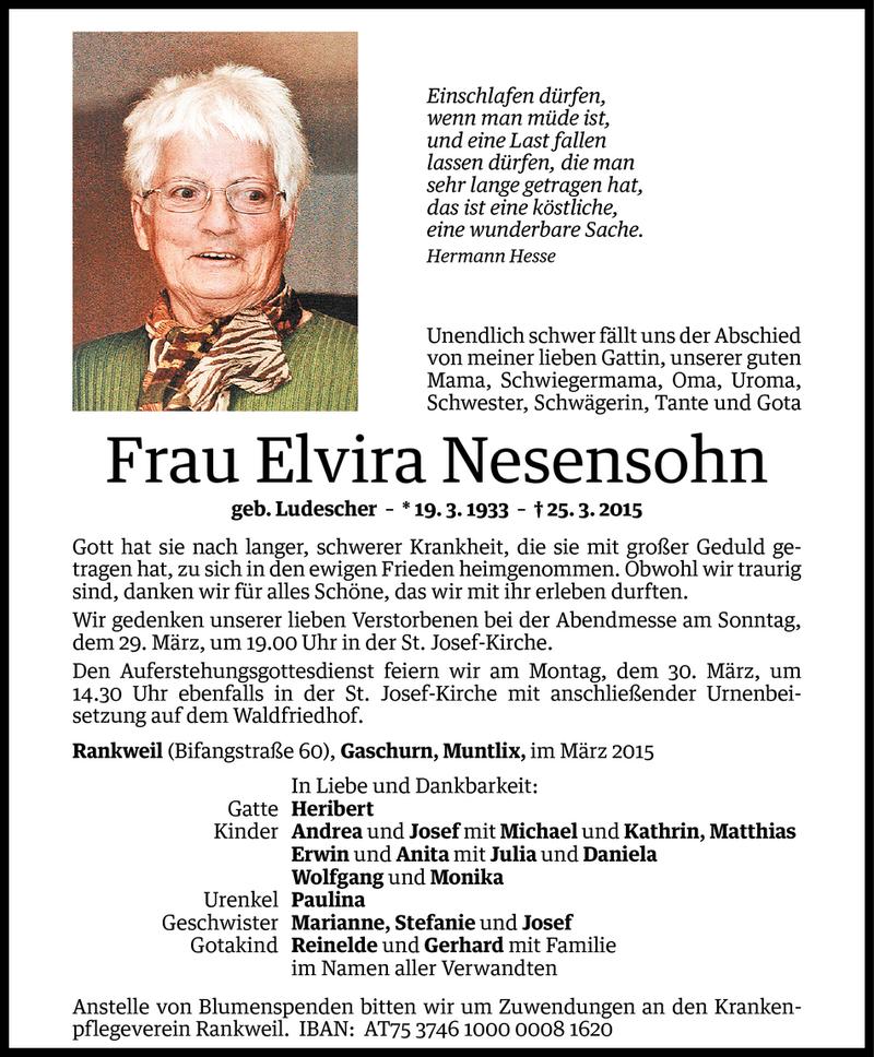  Todesanzeige für Elvira Nesensohn vom 27.03.2015 aus Vorarlberger Nachrichten