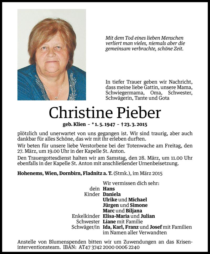  Todesanzeige für Christine Pieber vom 26.03.2015 aus Vorarlberger Nachrichten