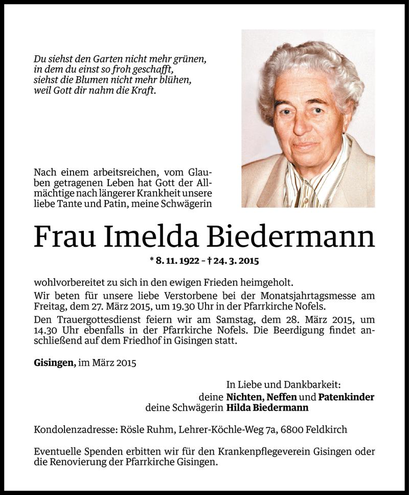  Todesanzeige für Imelda Biedermann vom 25.03.2015 aus Vorarlberger Nachrichten