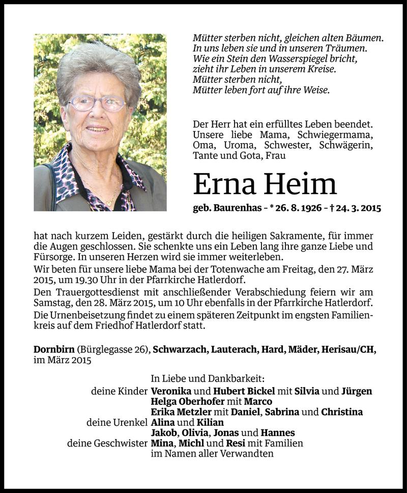  Todesanzeige für Erna Heim vom 25.03.2015 aus Vorarlberger Nachrichten