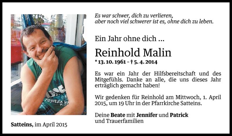  Todesanzeige für Reinhold Malin vom 27.03.2015 aus Vorarlberger Nachrichten