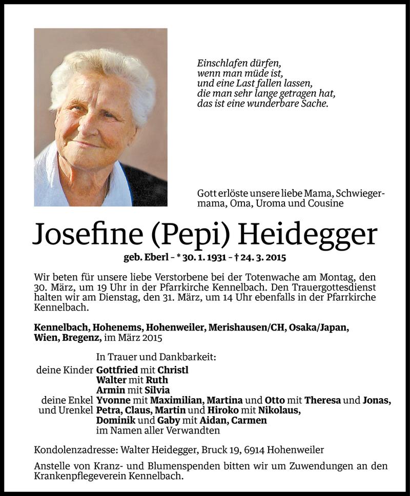  Todesanzeige für Josefine Heidegger vom 26.03.2015 aus Vorarlberger Nachrichten