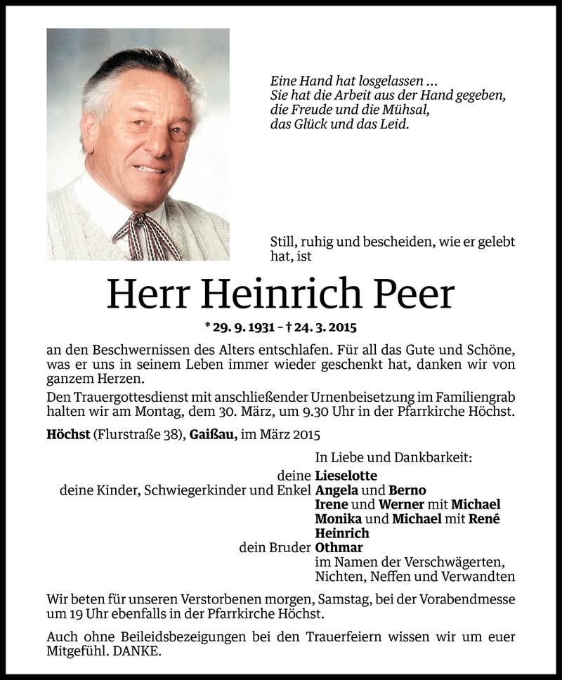  Todesanzeige für Heinrich Peer vom 26.03.2015 aus Vorarlberger Nachrichten