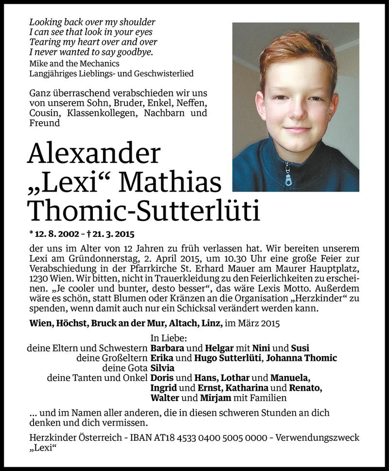  Todesanzeige für Alexander Mathias Thomic-Sutterlüti vom 26.03.2015 aus Vorarlberger Nachrichten