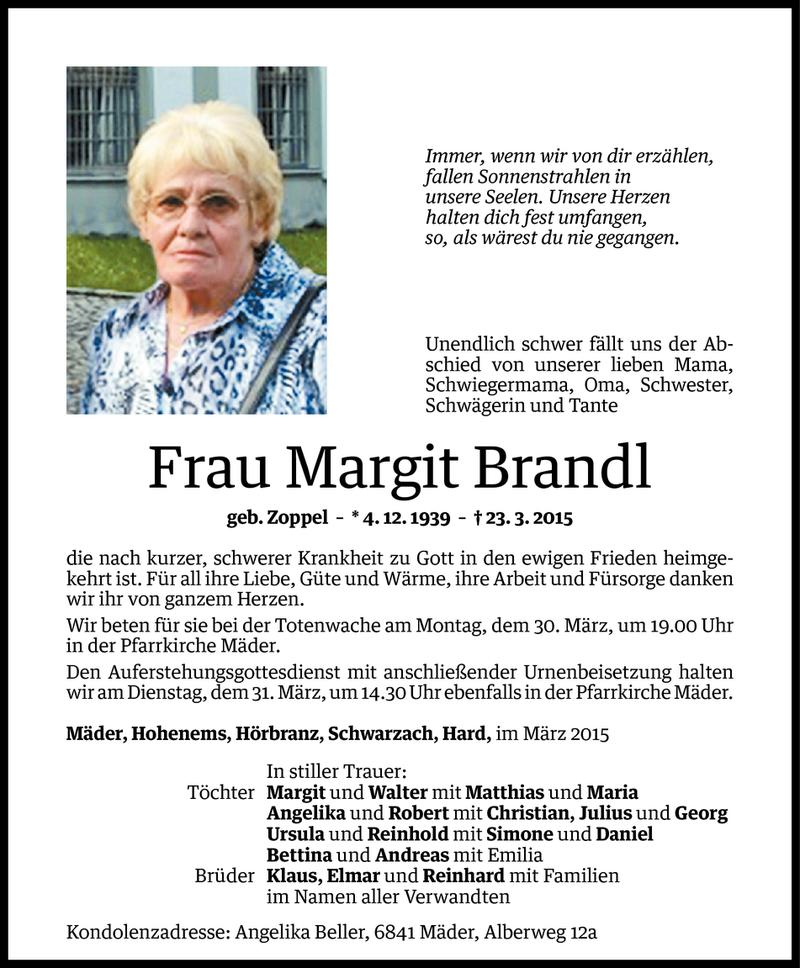  Todesanzeige für Margit Brandl vom 27.03.2015 aus Vorarlberger Nachrichten