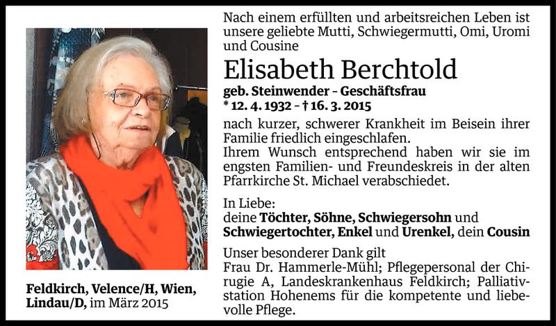  Todesanzeige für Elisabeth Berchtold vom 28.03.2015 aus Vorarlberger Nachrichten