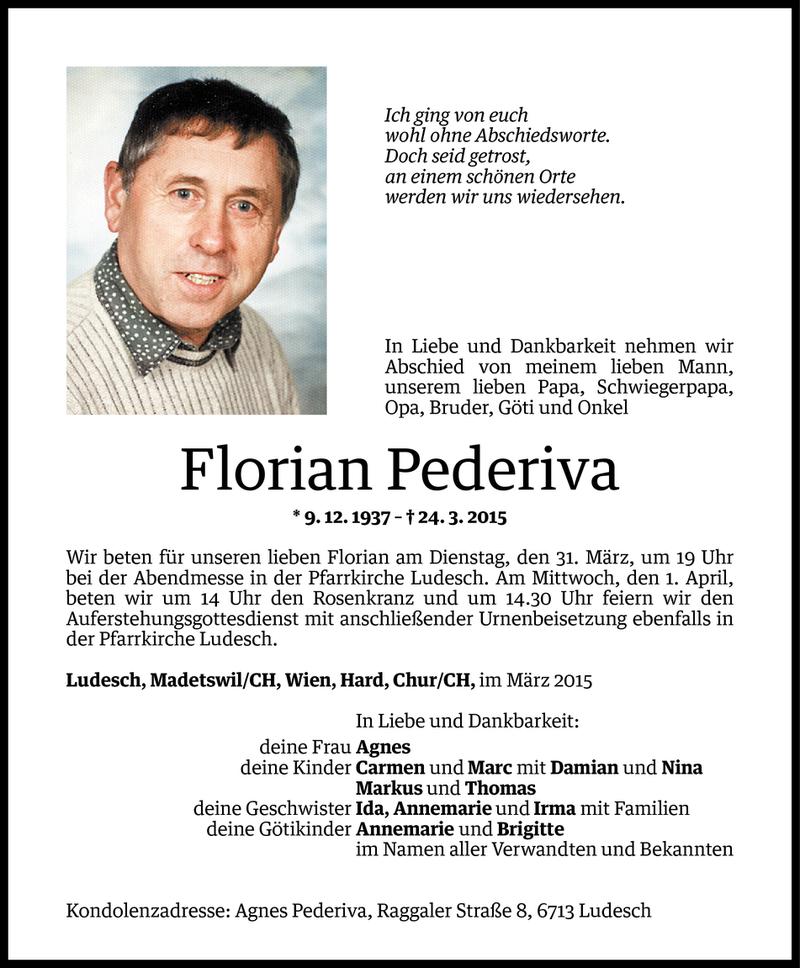  Todesanzeige für Florian Pederiva vom 27.03.2015 aus Vorarlberger Nachrichten