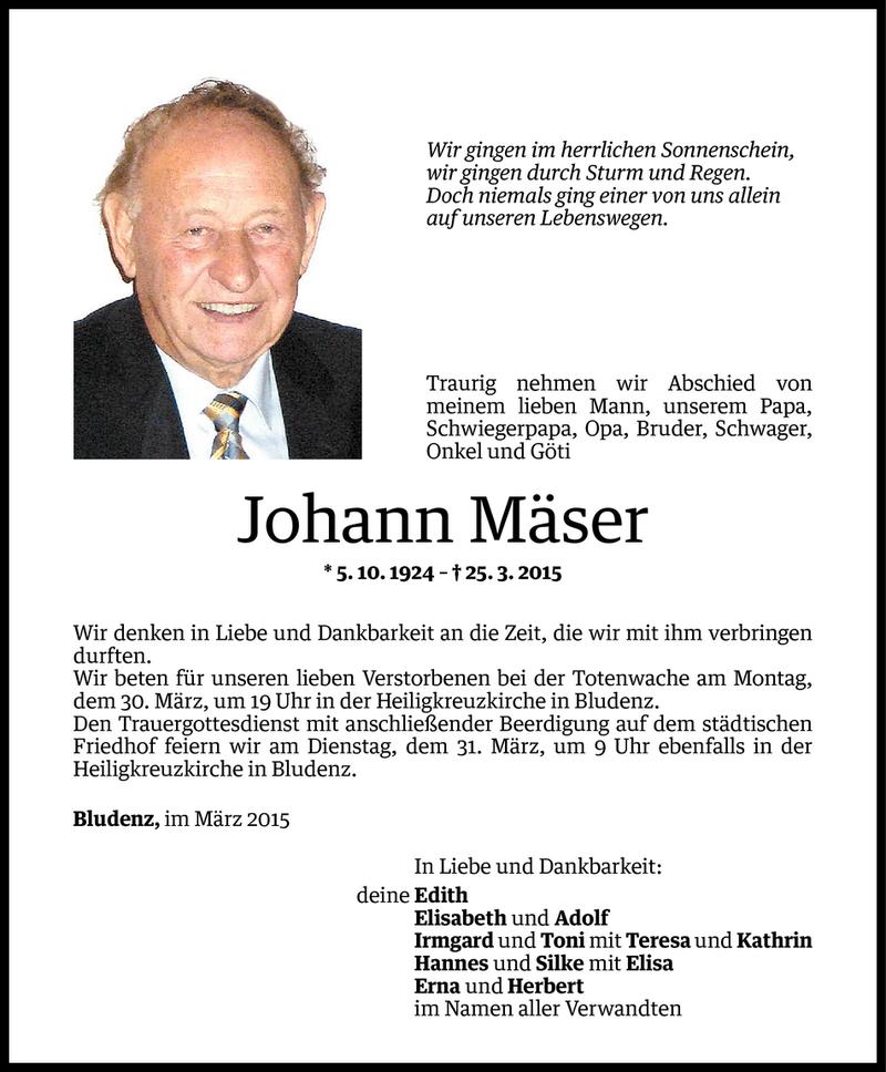  Todesanzeige für Johann Mäser vom 27.03.2015 aus Vorarlberger Nachrichten