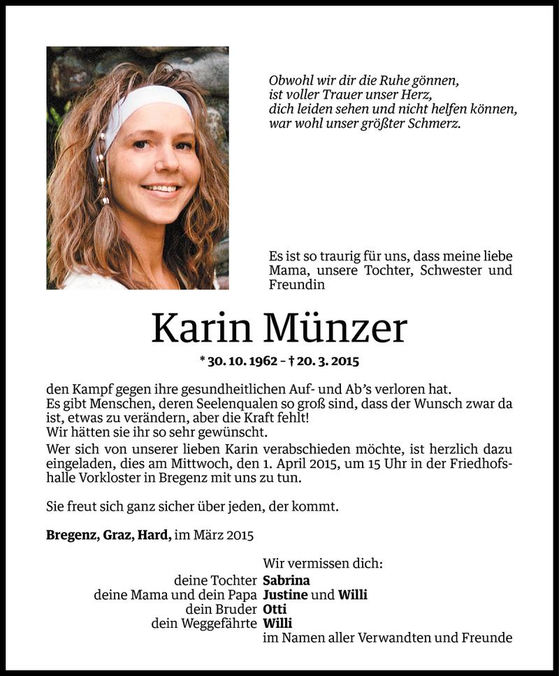  Todesanzeige für Karin Münzer vom 27.03.2015 aus Vorarlberger Nachrichten