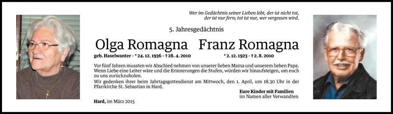  Todesanzeige für Olga und Franz Romagna vom 27.03.2015 aus Vorarlberger Nachrichten