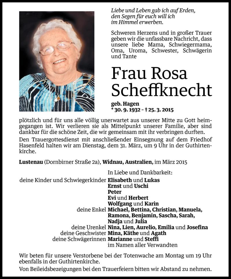  Todesanzeige für Rosa Scheffknecht vom 27.03.2015 aus Vorarlberger Nachrichten