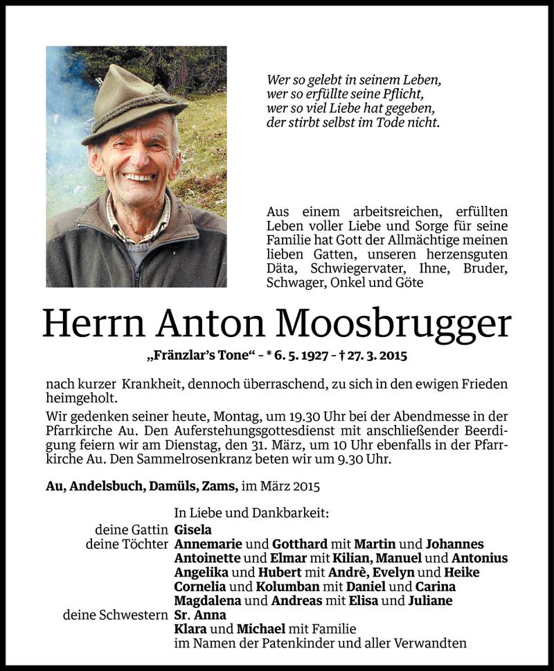  Todesanzeige für Anton Moosbrugger vom 29.03.2015 aus Vorarlberger Nachrichten