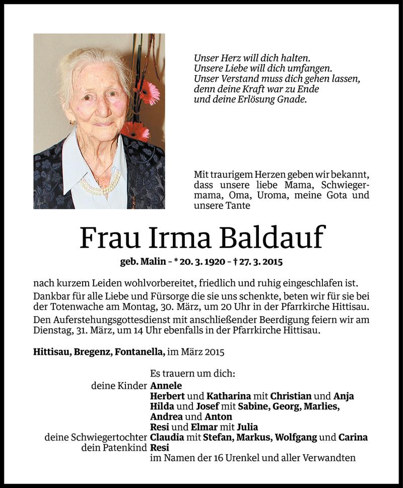  Todesanzeige für Irma Baldauf vom 29.03.2015 aus Vorarlberger Nachrichten