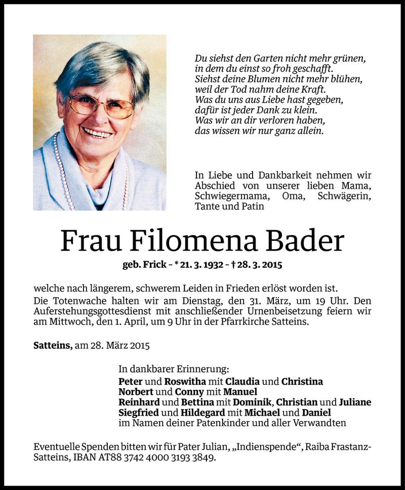  Todesanzeige für Filomena Bader vom 29.03.2015 aus Vorarlberger Nachrichten