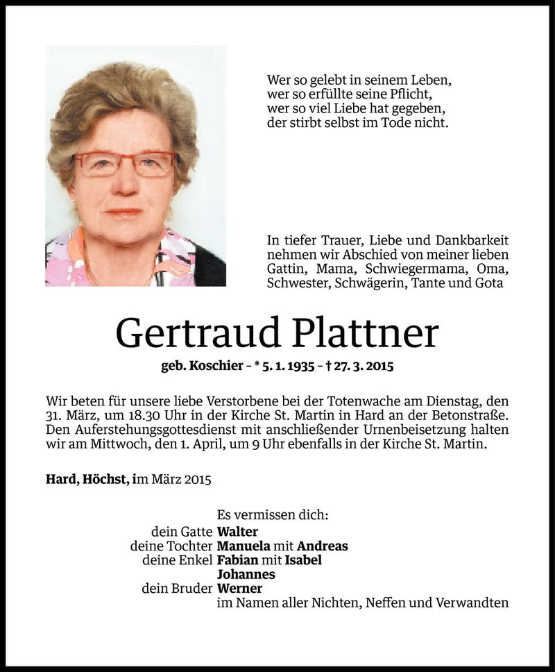  Todesanzeige für Gertraud Plattner vom 29.03.2015 aus Vorarlberger Nachrichten