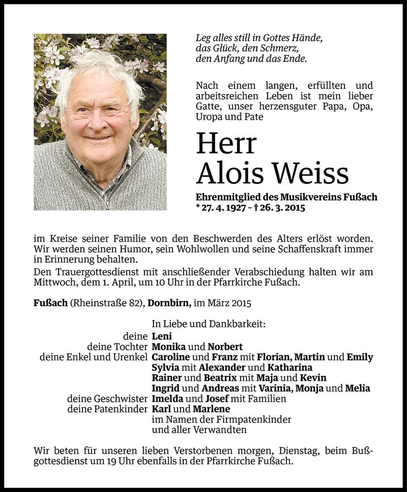  Todesanzeige für Alois Weiss vom 29.03.2015 aus Vorarlberger Nachrichten