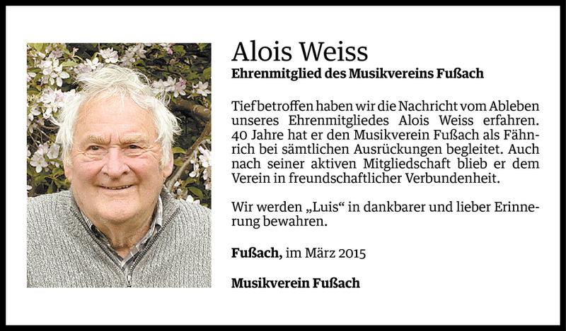  Todesanzeige für Alois Weiss vom 30.03.2015 aus Vorarlberger Nachrichten