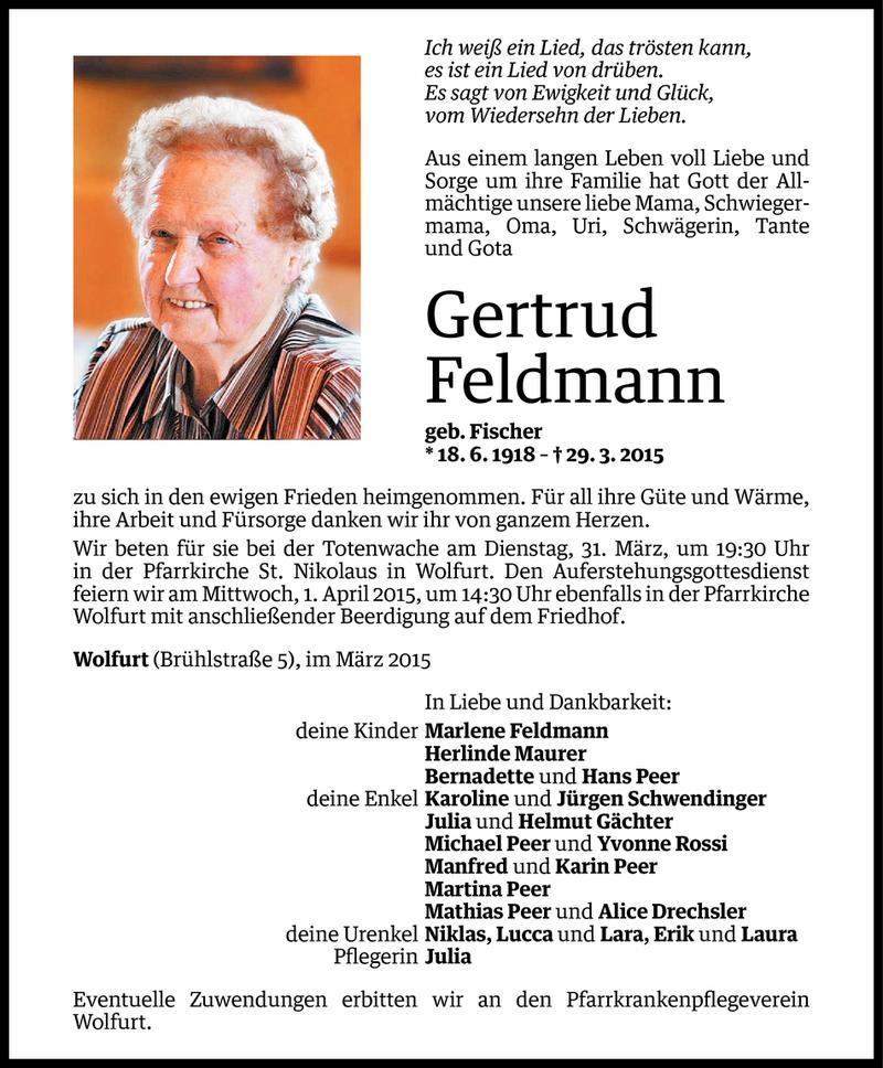 Todesanzeige für Gertrud Feldmann vom 30.03.2015 aus Vorarlberger Nachrichten