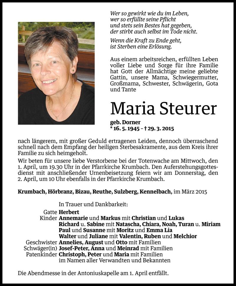  Todesanzeige für Maria Steurer vom 30.03.2015 aus Vorarlberger Nachrichten