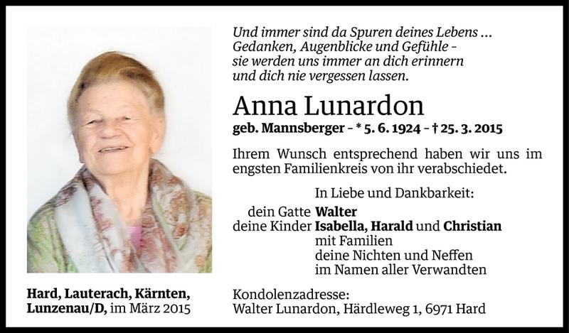  Todesanzeige für Anna Lunardon vom 31.03.2015 aus Vorarlberger Nachrichten