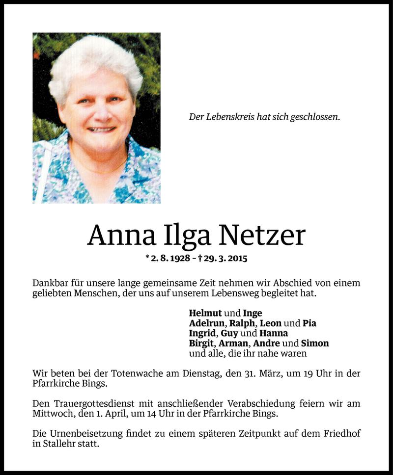  Todesanzeige für Anna Ilga Netzer vom 31.03.2015 aus Vorarlberger Nachrichten