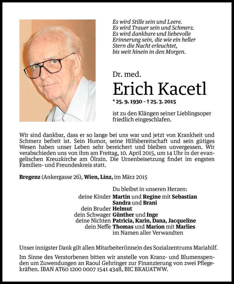  Todesanzeige für Erich Kacetl vom 08.04.2015 aus Vorarlberger Nachrichten