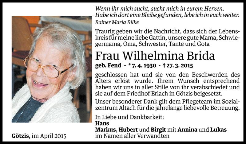  Todesanzeige für Wilhelmina Brida vom 04.04.2015 aus Vorarlberger Nachrichten