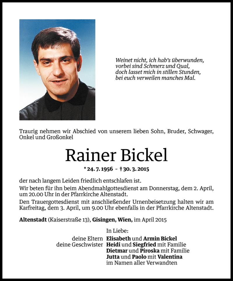  Todesanzeige für Rainer Bickel vom 01.04.2015 aus Vorarlberger Nachrichten