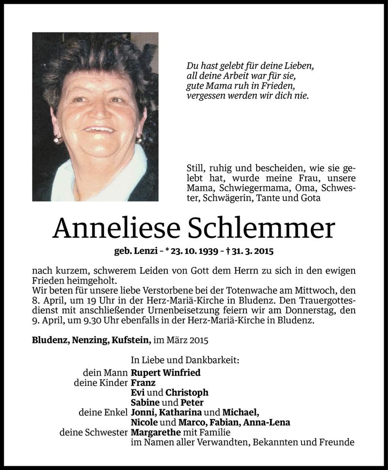  Todesanzeige für Anneliese Schlemmer vom 07.04.2015 aus Vorarlberger Nachrichten