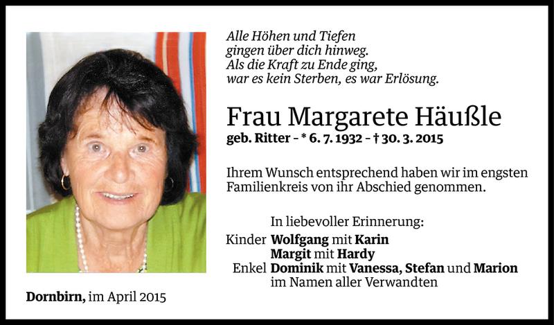  Todesanzeige für Margarete Häußle vom 02.04.2015 aus Vorarlberger Nachrichten