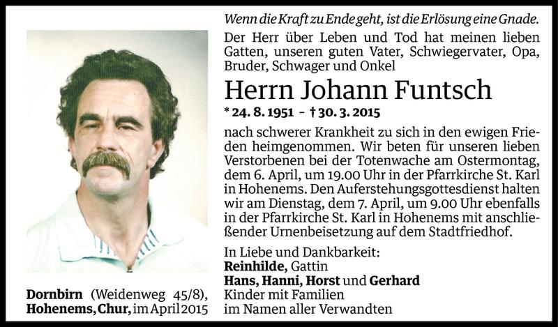  Todesanzeige für Johann Funtsch vom 02.04.2015 aus Vorarlberger Nachrichten