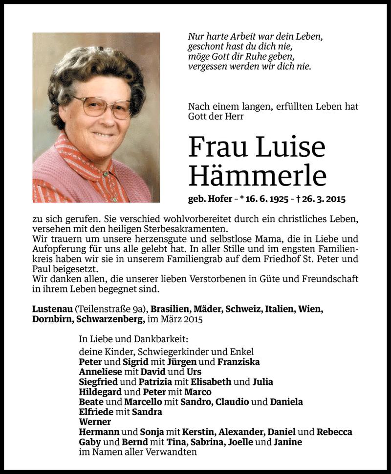  Todesanzeige für Luise Hämmerle vom 01.04.2015 aus Vorarlberger Nachrichten