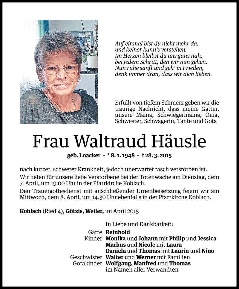  Todesanzeige für Waltraud Häusle vom 04.04.2015 aus Vorarlberger Nachrichten