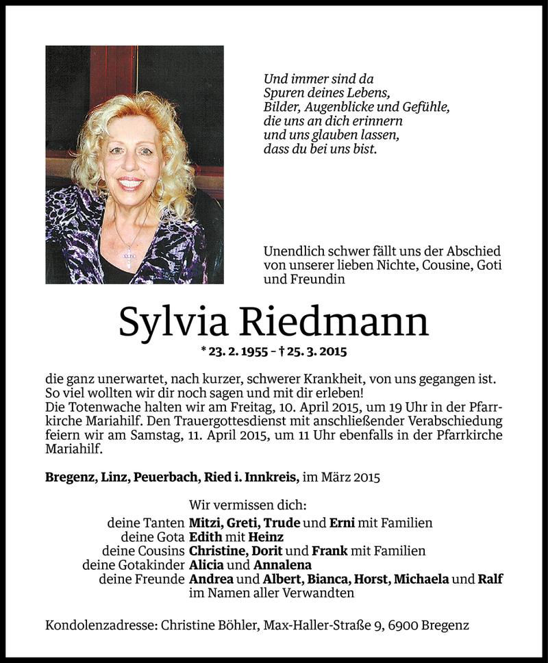  Todesanzeige für Sylvia Riedmann vom 07.04.2015 aus Vorarlberger Nachrichten