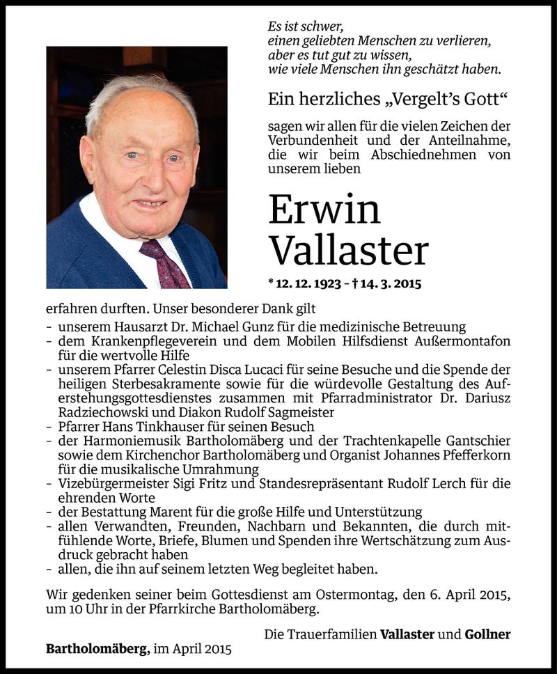  Todesanzeige für Erwin Vallaster vom 02.04.2015 aus Vorarlberger Nachrichten